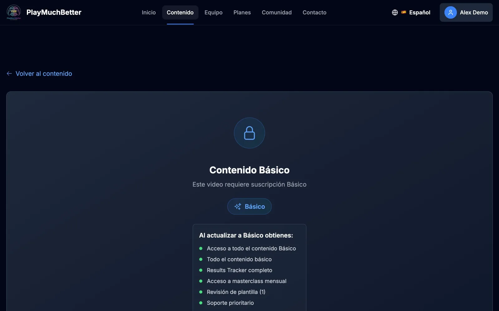 Ficha de un vídeo bloqueado con el aviso del plan necesario