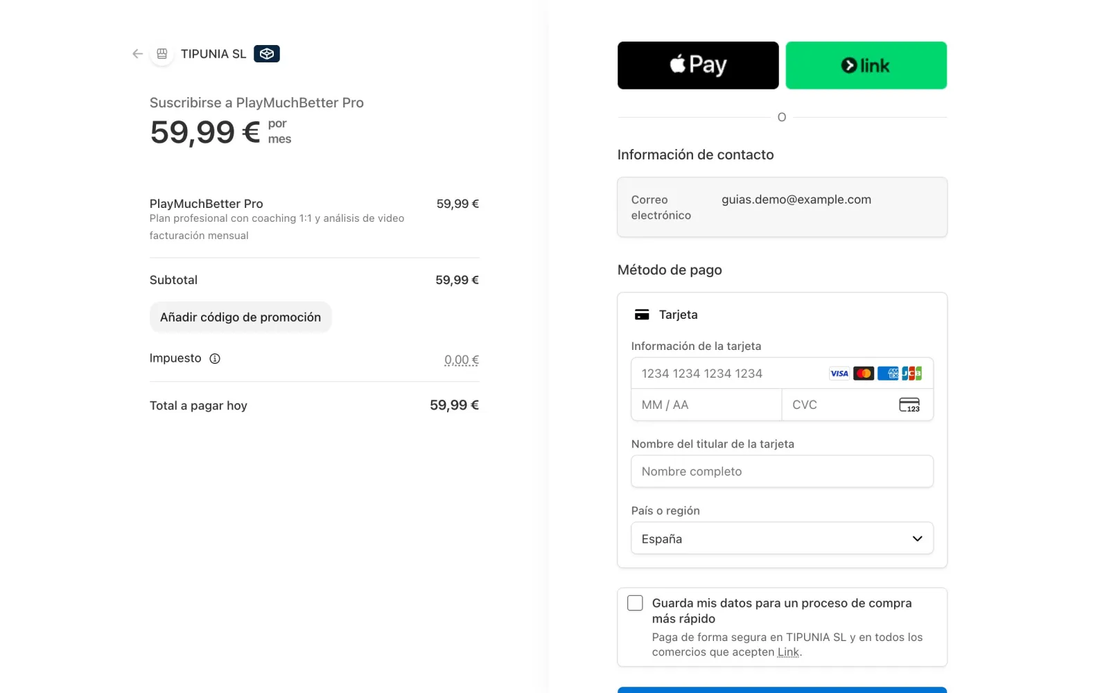 Página de pago de Stripe con Apple Pay, Link y tarjeta