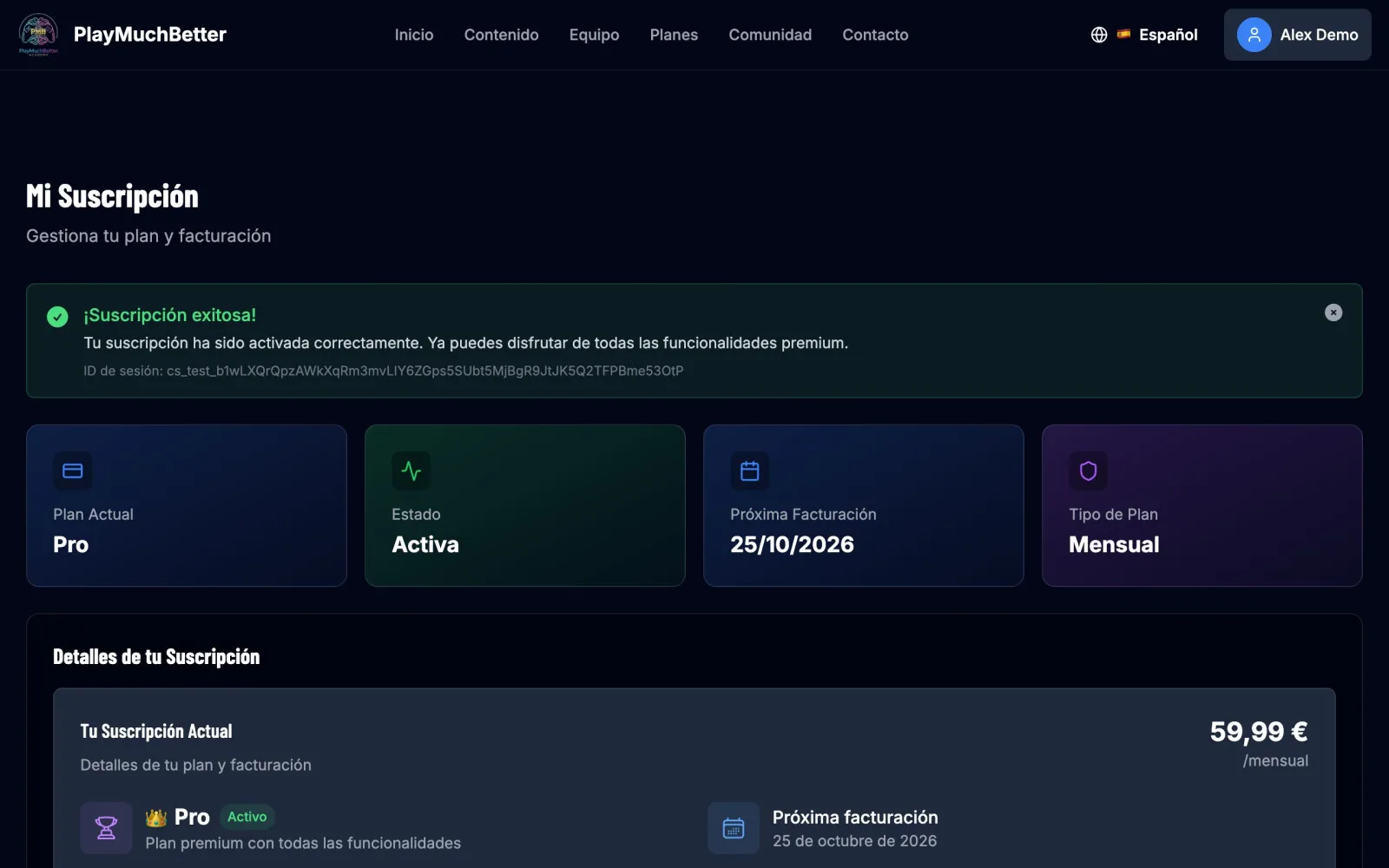Mi Suscripción con el aviso de suscripción exitosa