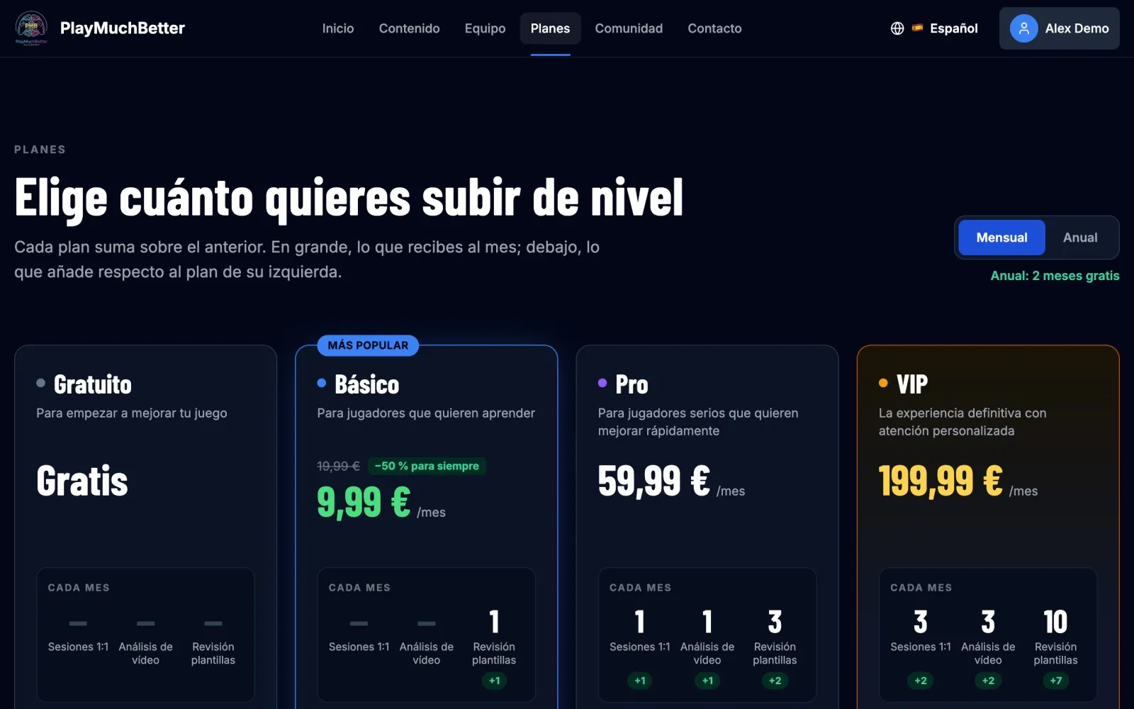 Botón Mejorar plan del plan Pro marcado