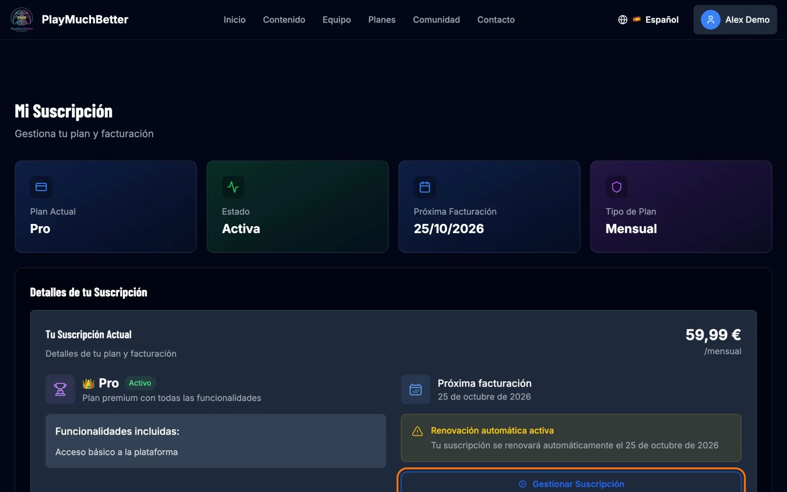 Mi Suscripción con el botón Gestionar Suscripción marcado