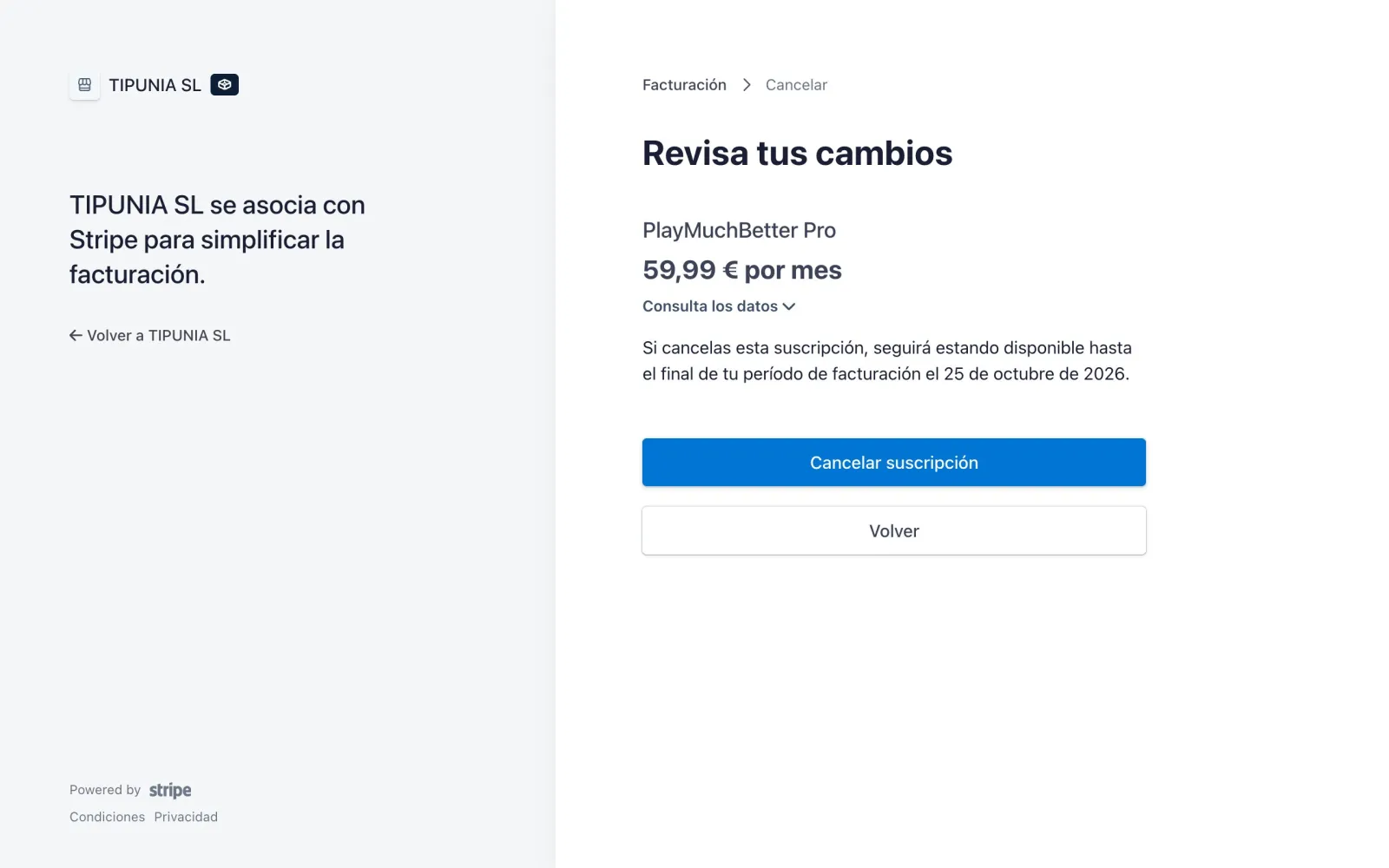 Pantalla de confirmación de la cancelación