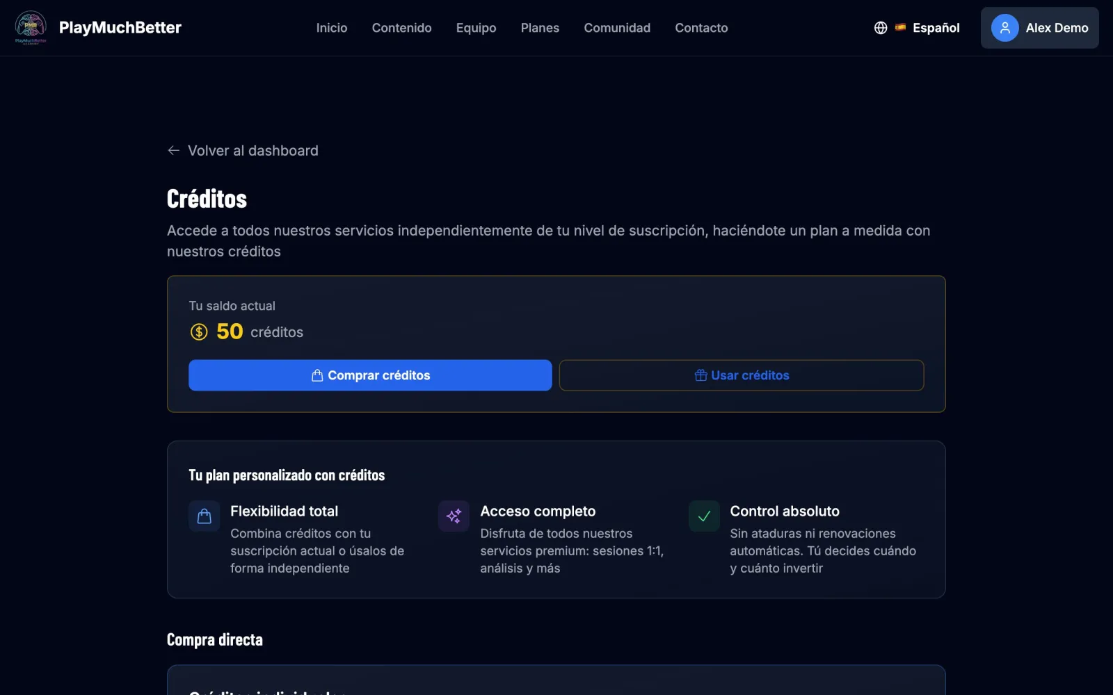 Página de créditos con 50 créditos de saldo