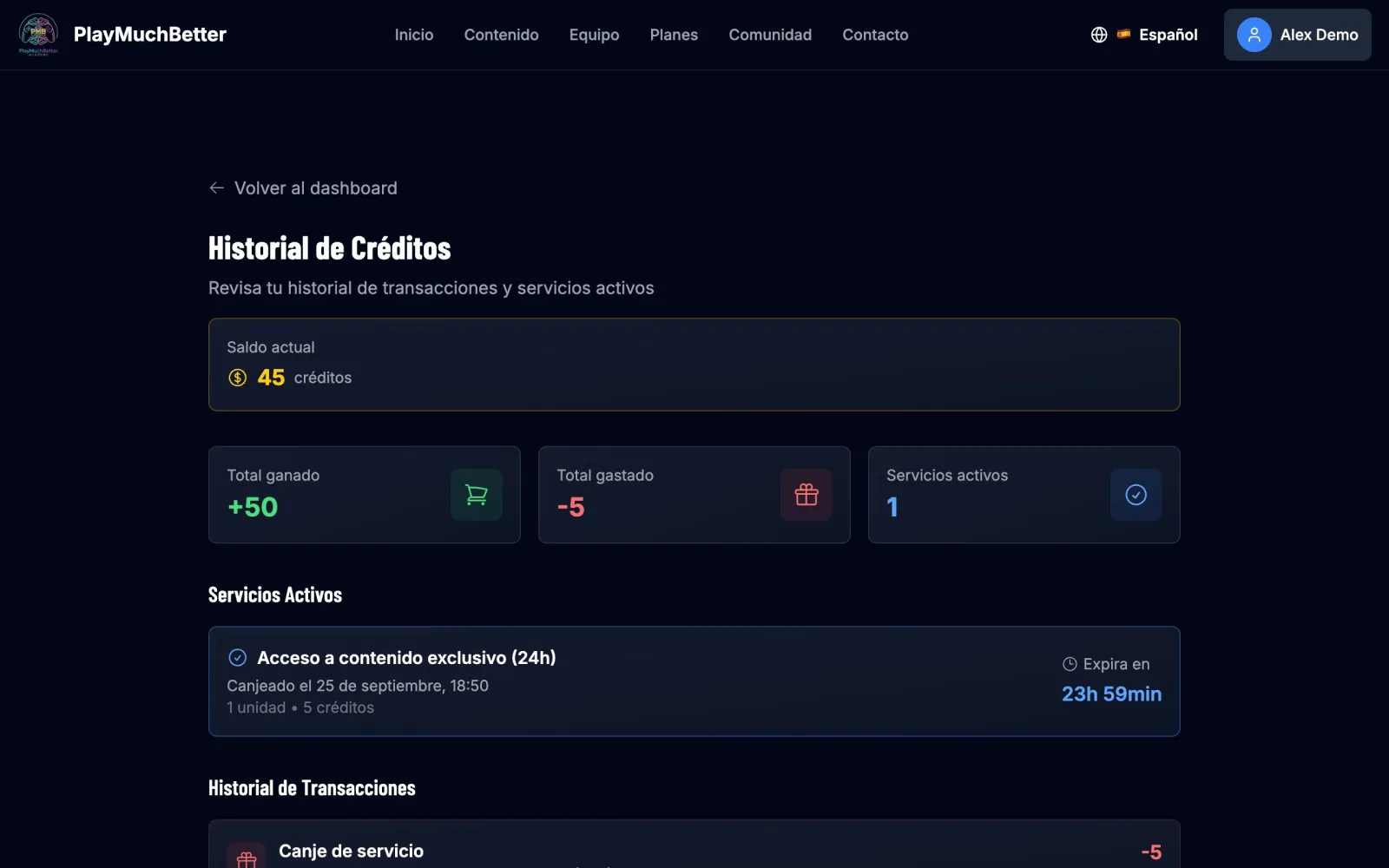 Historial de créditos con una compra, un canje y un servicio activo