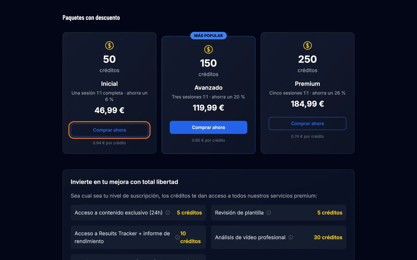 Paquetes de 50, 150 y 250 créditos