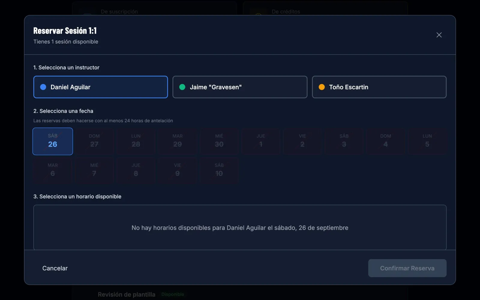 Selección de instructor y fecha