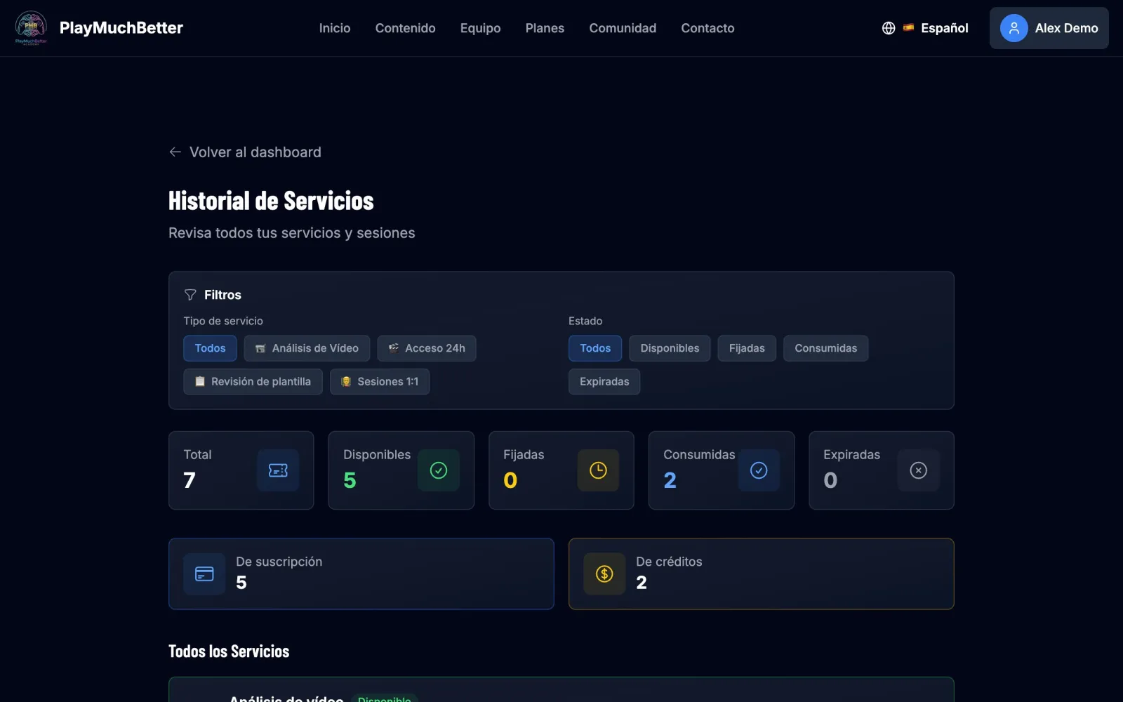 Historial de servicios con los servicios disponibles