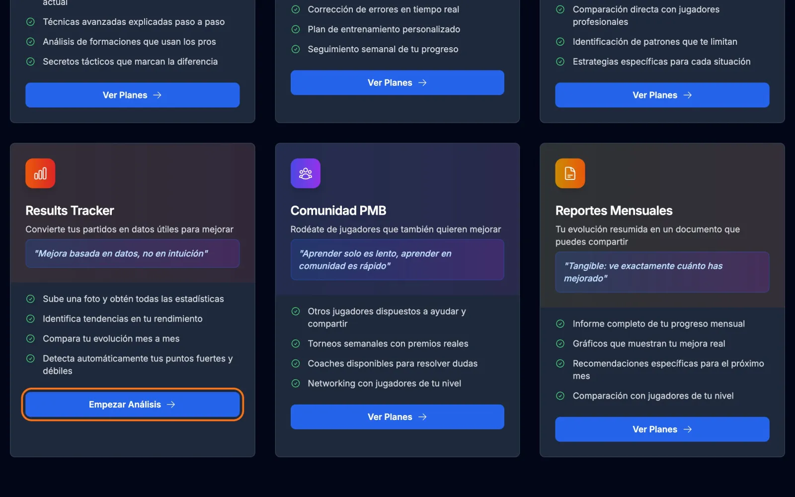 Página de servicios con el acceso al Results Tracker
