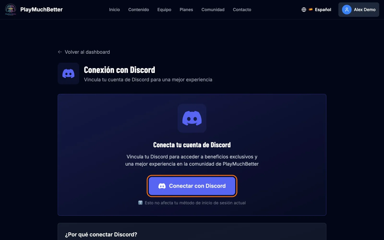 Página de conexión con Discord