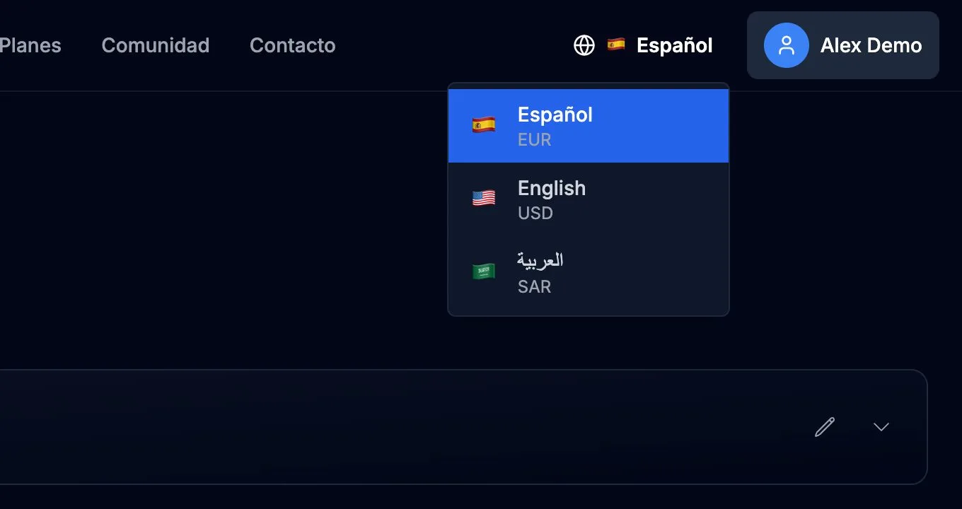 Selector de idioma abierto con español, inglés y árabe