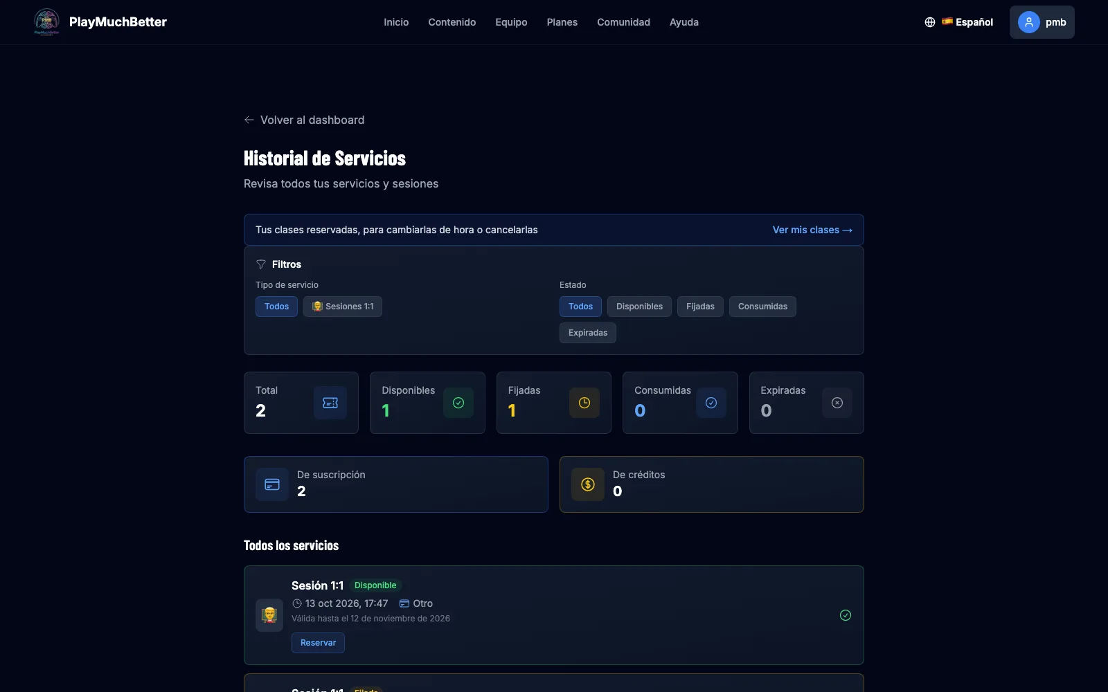 Historial de servicios con el aviso «Ver mis clases» arriba